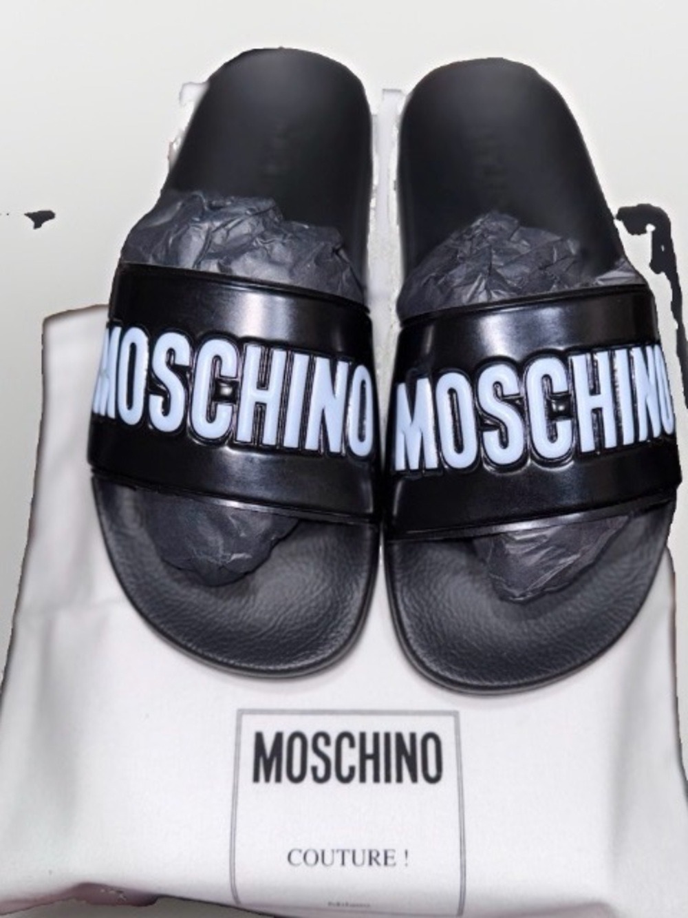 Moschino Black Slide Sandals with White Logo